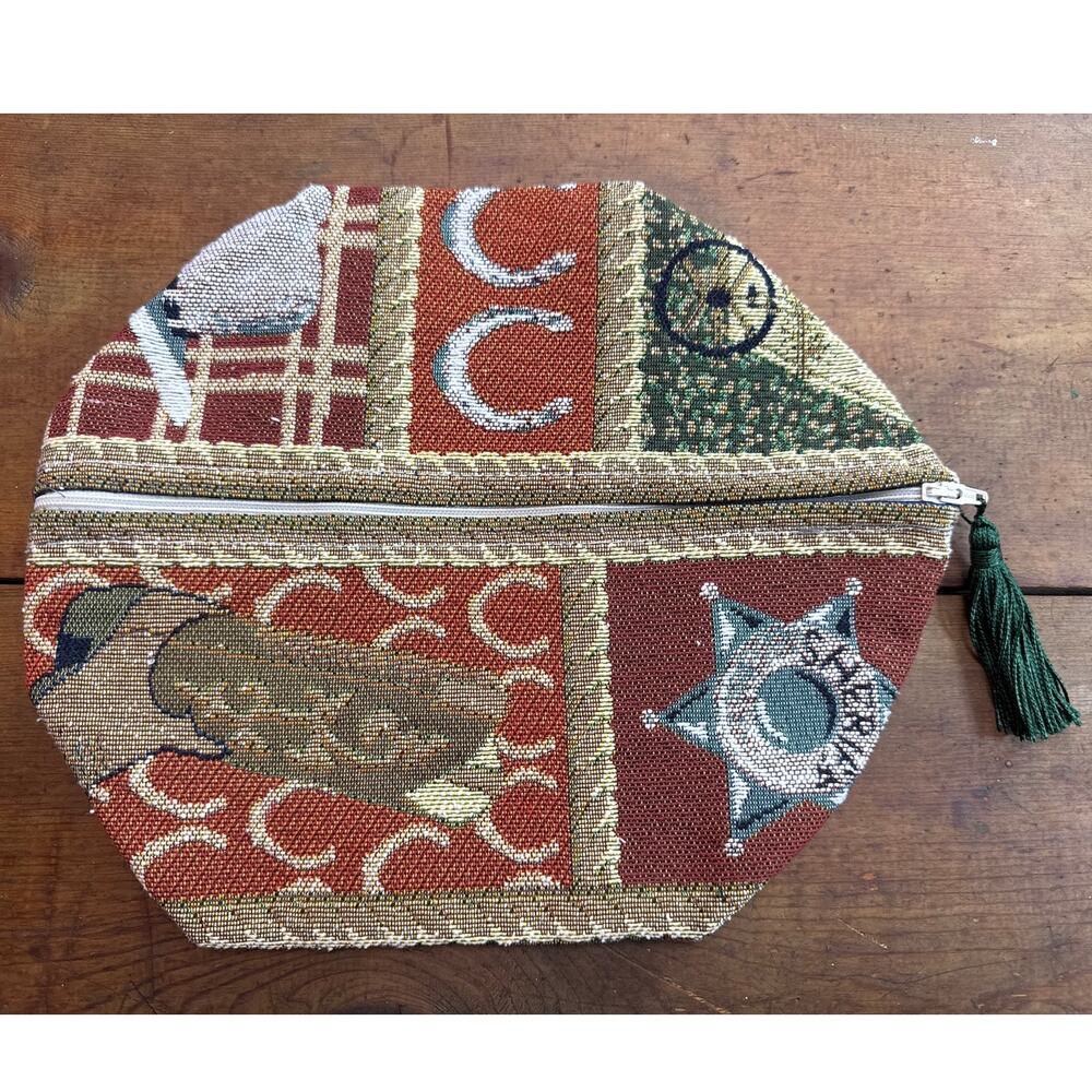 Western Cowboy Vintage Woven Tapestry Cosmetic Travel Bag With Zipper & Tassel